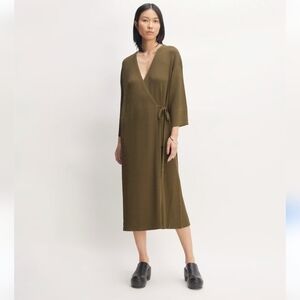 Everlane Ribbed Wrap Midi Dress in Olive Green Beech